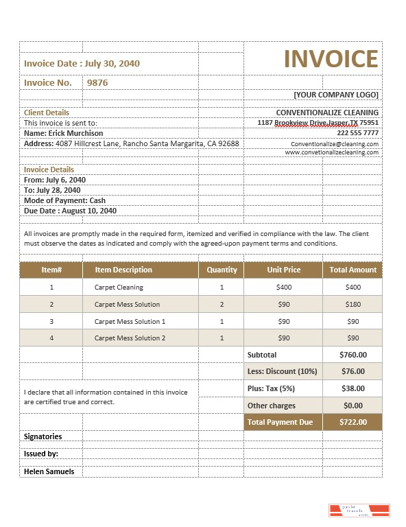 Carpet Cleaning Service Invoice Template PSD template
